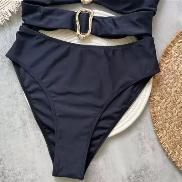 NWT - Swimsuit Body Cutout Bandeau Gold Accents Adjustable Straps - Luxury Style - Picture 5 of 7